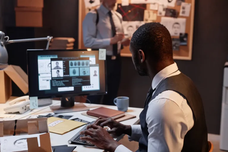 A detective reviews a case file on his computer.