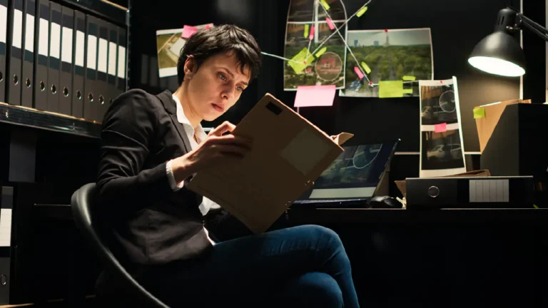 A criminalist studies a case file in her office.